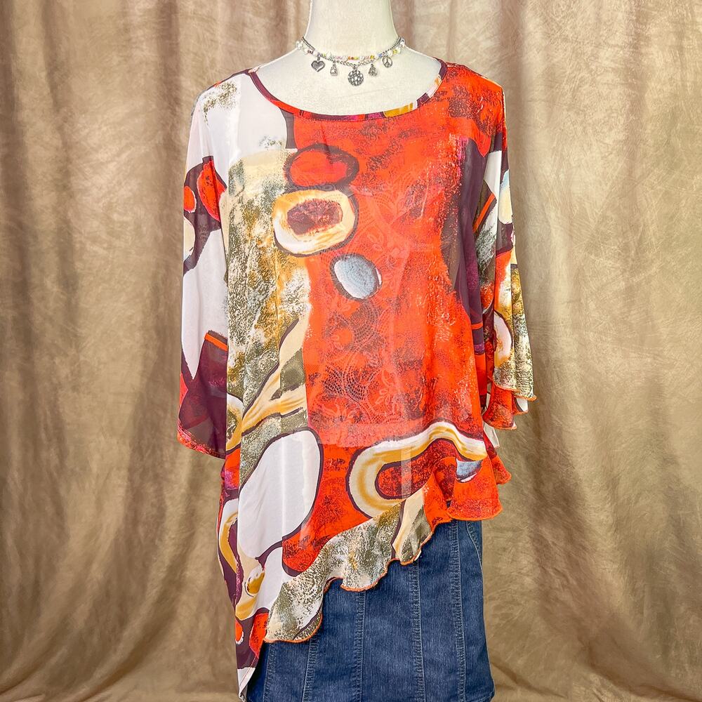 Y2K Geometric Print Chiffon Top Sheer Asymmetrical Bandana Hem Ruffled Boho